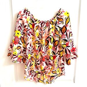 Alyx Floral Off-Shoulder Tie-Front Blouse in Yellow, Red & Black